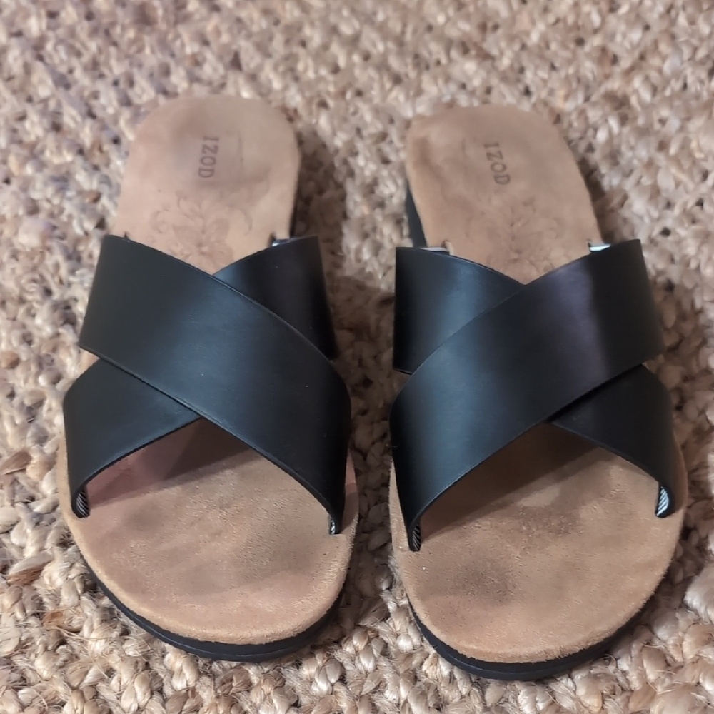 Izod Black and Tan Sandals with Crisscross Straps